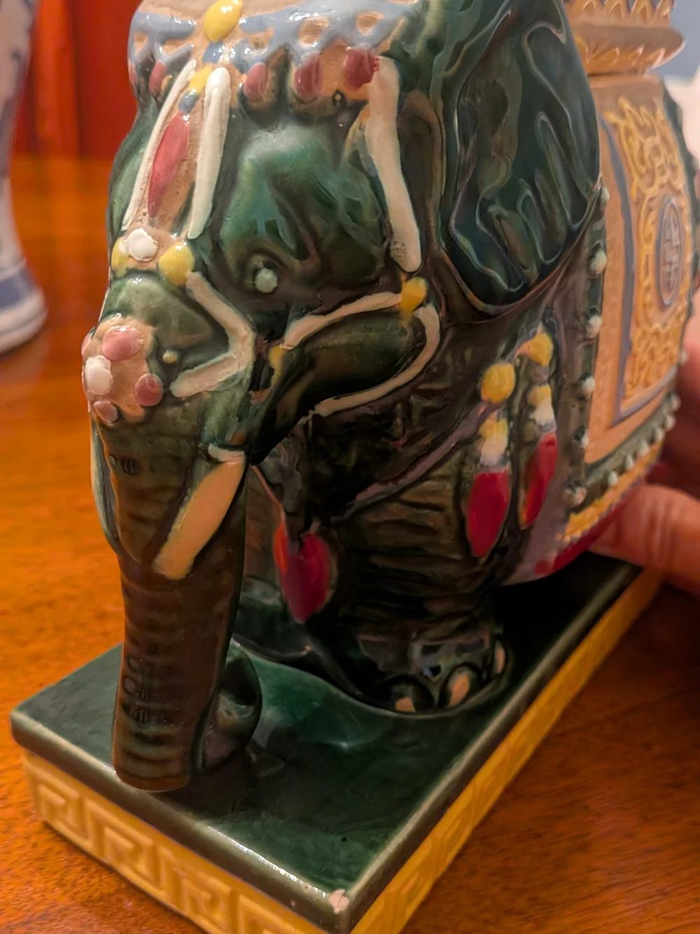 Vintage Chinoiserie Ceramic Elephant Planter Candle Holder, Green Glazed Pottery